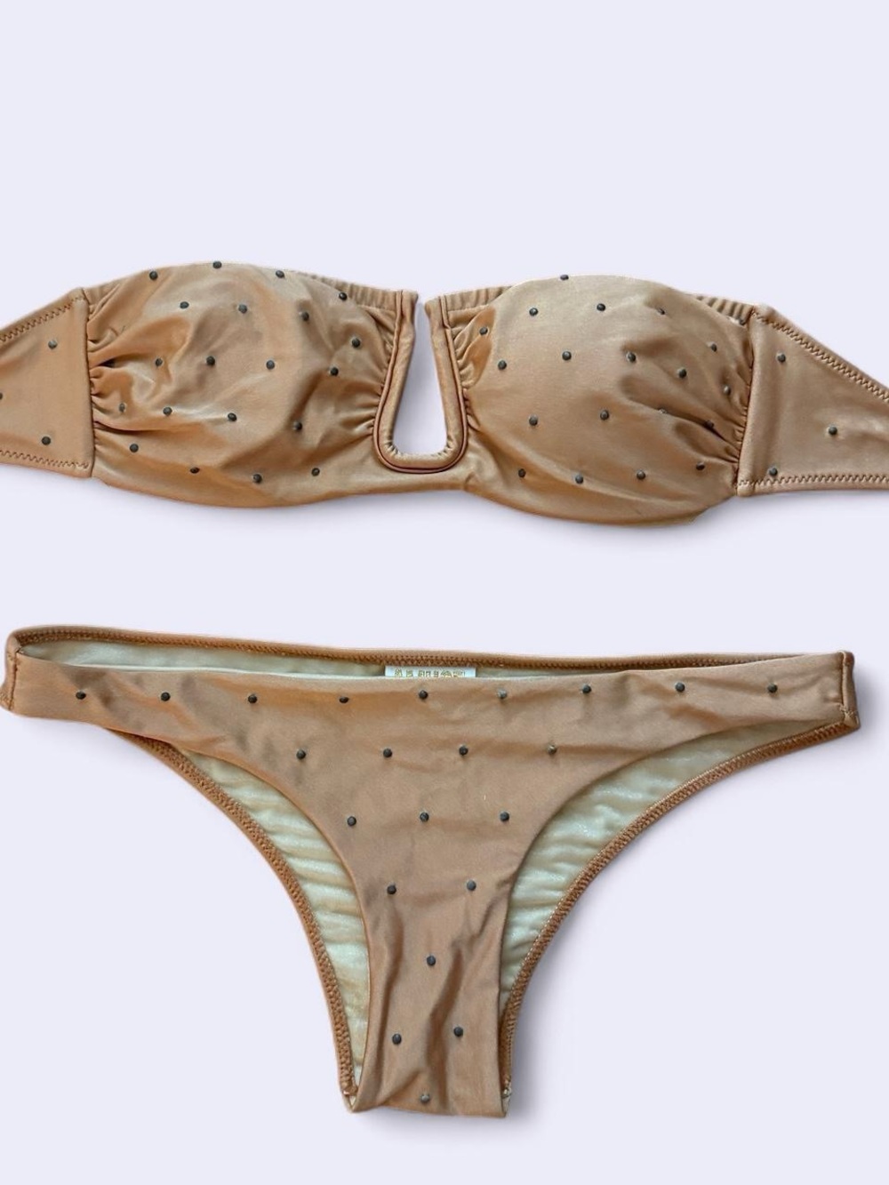 Amuse Society Nude-Tan Strapless Bikini Set with Black Dot Accents
